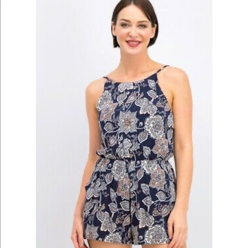 NWOT Aqua navy floral paisley tie back romper